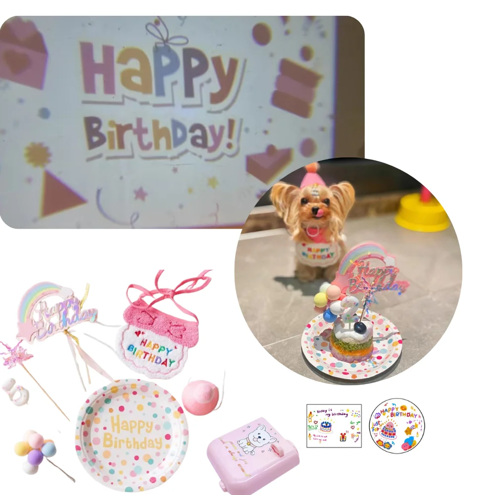 8 Packs Pet Birthday Bandana Set Cat Birthday Party Decoration With Cupcake Toppers Plates Projector