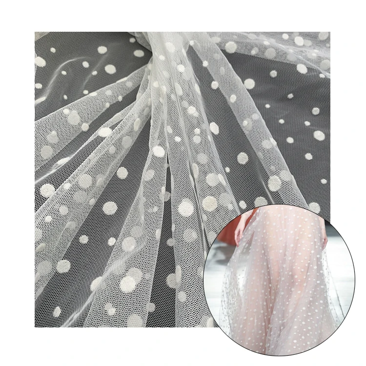 Custom white big and small polka dot mesh fabric flocking fabric