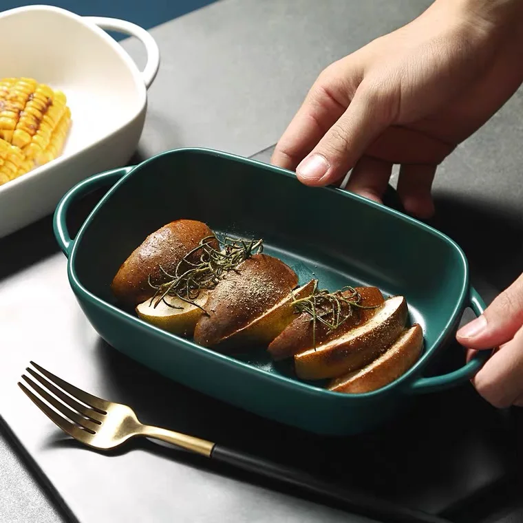 Rectangular cake microwave bakeware ceramic dinner set nordic baking plate porcelain bakeware with handle baking dish