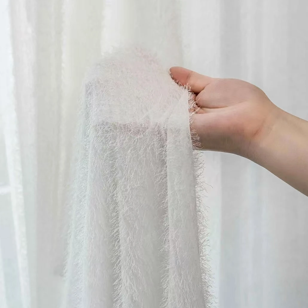 2024 New Arrival Light Weight Luxury Grey Hairy Sheer  Curtain Fabric For Living Room Hometextile