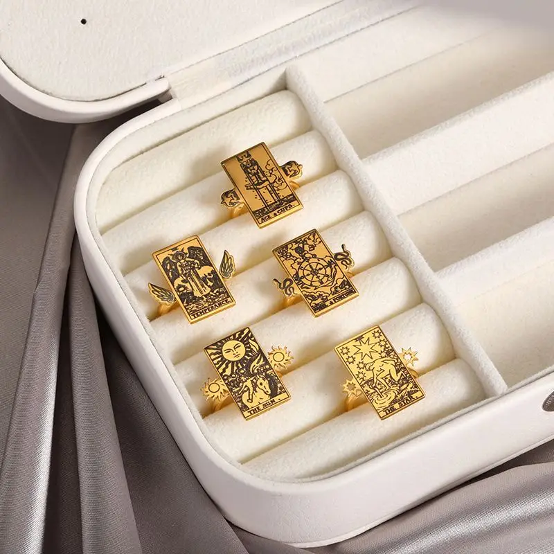 18K Gold Plated Vintage Heart Ring Retro Opening Rings Astrology Divination Magic Amulet Tarot Cards Rings