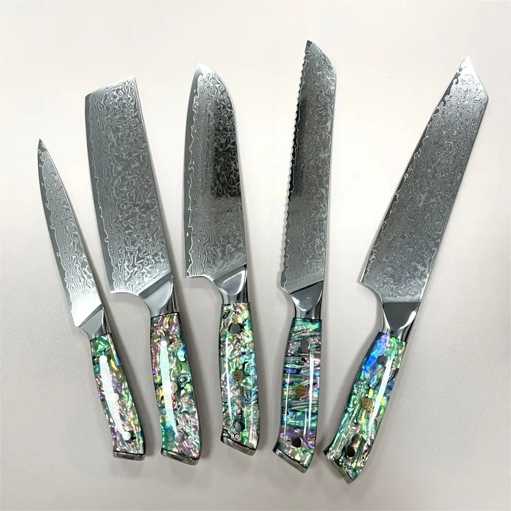 LHXC007B Raindrop texture Damascus steel blade exceptional balance Abalone Shell Handle precise and effortless cutting knife set