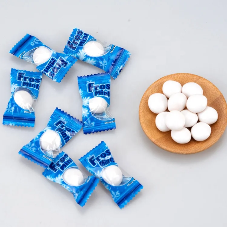 Wholesale candy factory Mint Flavor Sweet White Gummy Compressed Chew Jelly Candy Blue Packaging Wrapper surprise bonbon