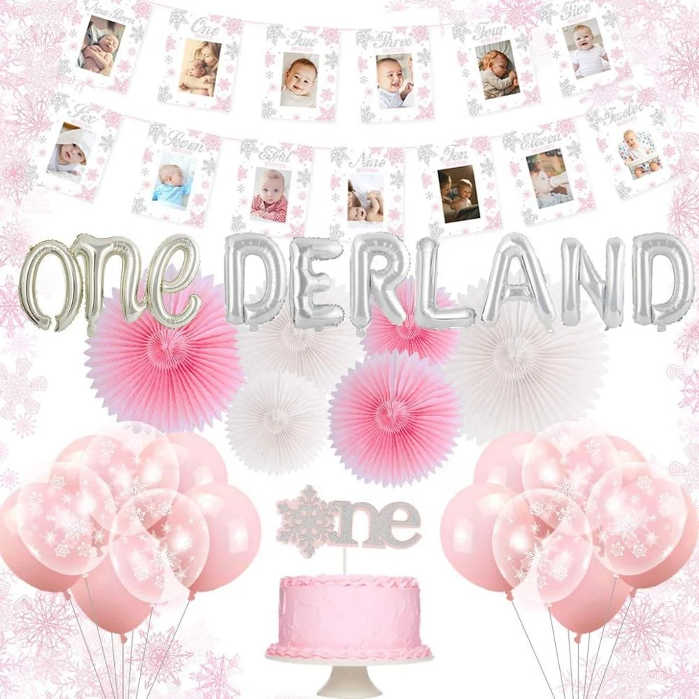 Winter Onederland Balloons 1st Birthday Decorations Pink First Birthday Party Supplies Snowflake Photo Banner Onderland Bannar