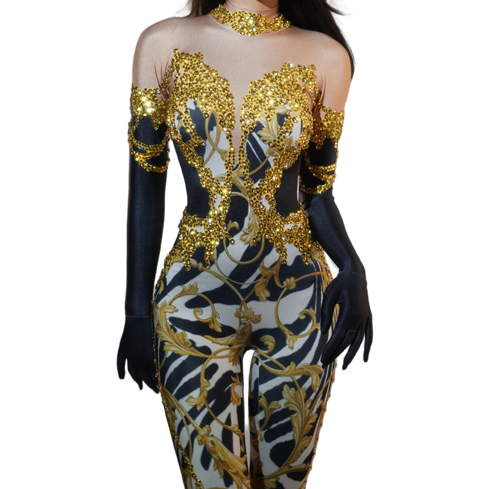 Sexy Rhinestone One Piece Bodysuits with Glove Gogo Dancer Costume Women Show Dancer Rompers Club Party Diamond Bodycon Jumpsuit