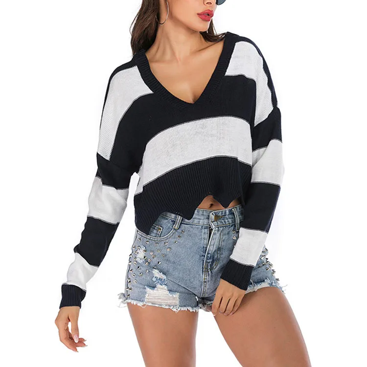 
Ladies V neck stripe crochet stylish long sleeve women knit sweaters 