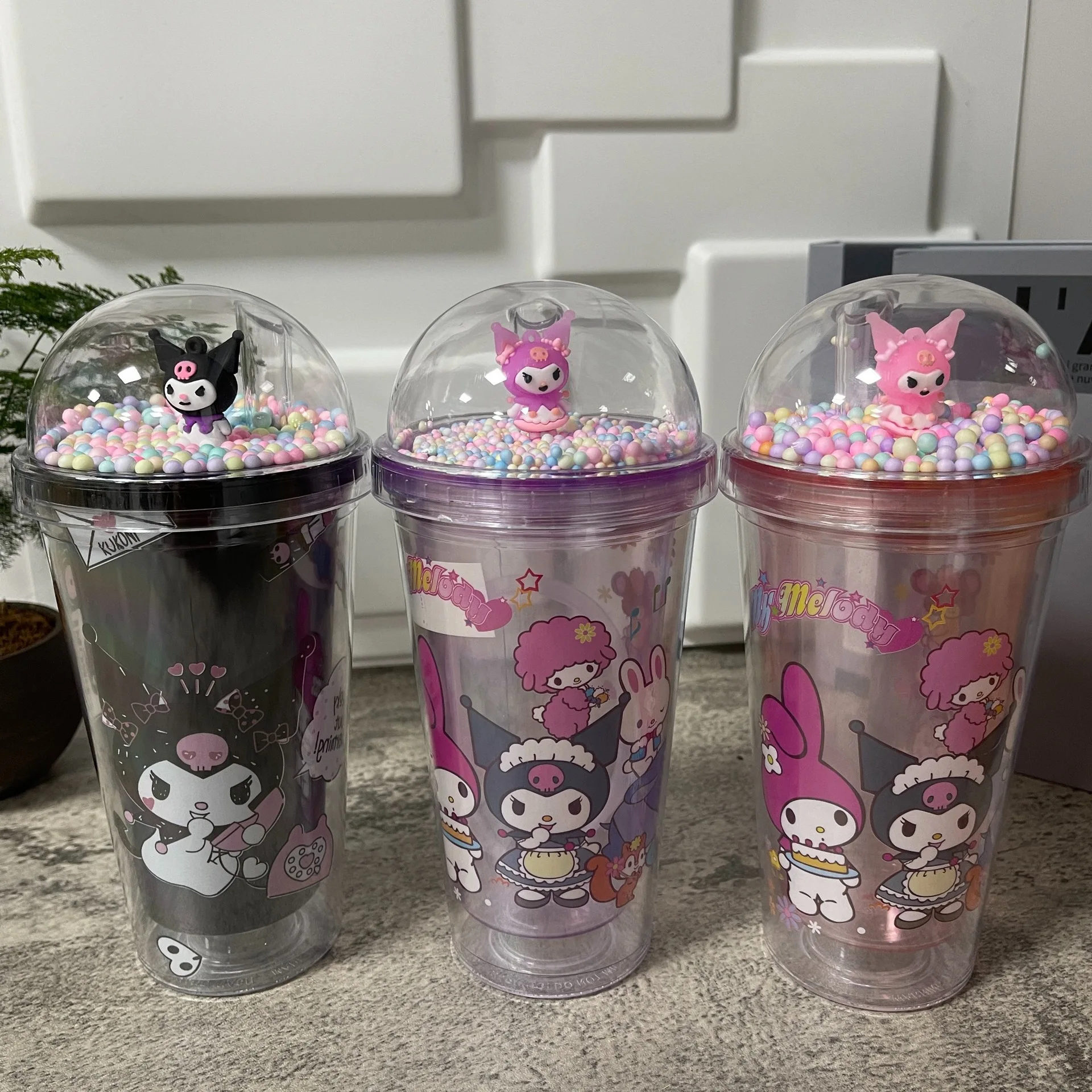 YWMX New Design Kuromi Cartoon Plastic Cold Water Glass Straw Cup Double-layer Glass Sequined Crushed Ice Cup Wholesale