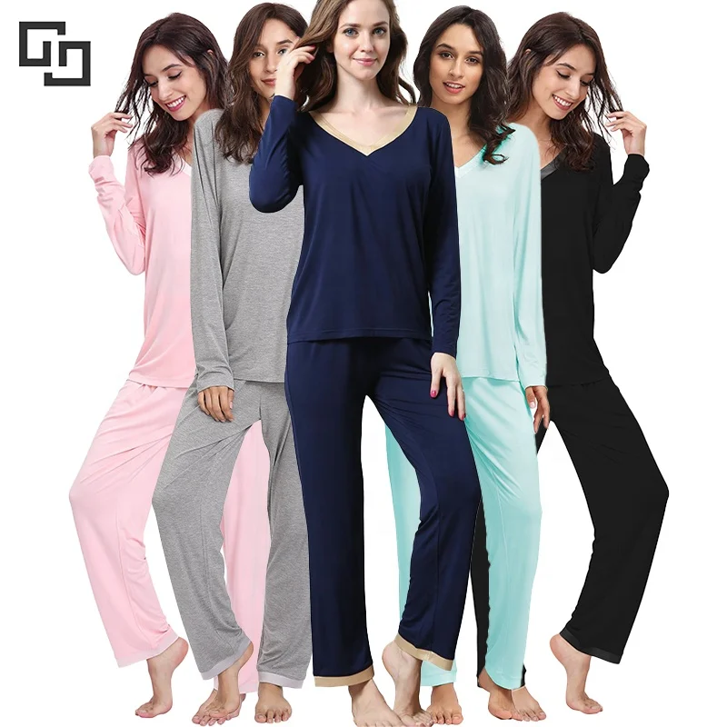 V Neck Soft Comfy Lounge Long Bamboo Sleepwear Pajamas Set