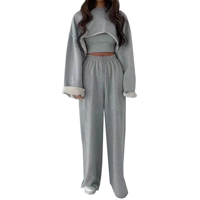 TWOTWINSTYLE O Neck Long Sleeve Tops Sleeveless Vest Wide Leg Pants Set For Women