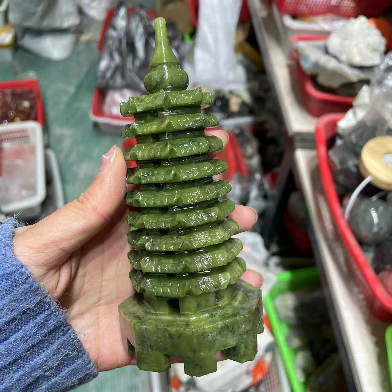Wholesale Natural Crystal green carving Carved Crafts Green Jade Wenchang Tower Pagoda For fengshui Decoration