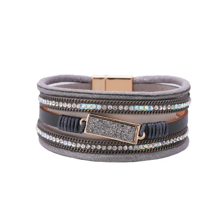 2021 New Fashion Bling Rhinestone PU Leather Bracelet Boho Handmade Multi Layer Rectangle Crystal Stone