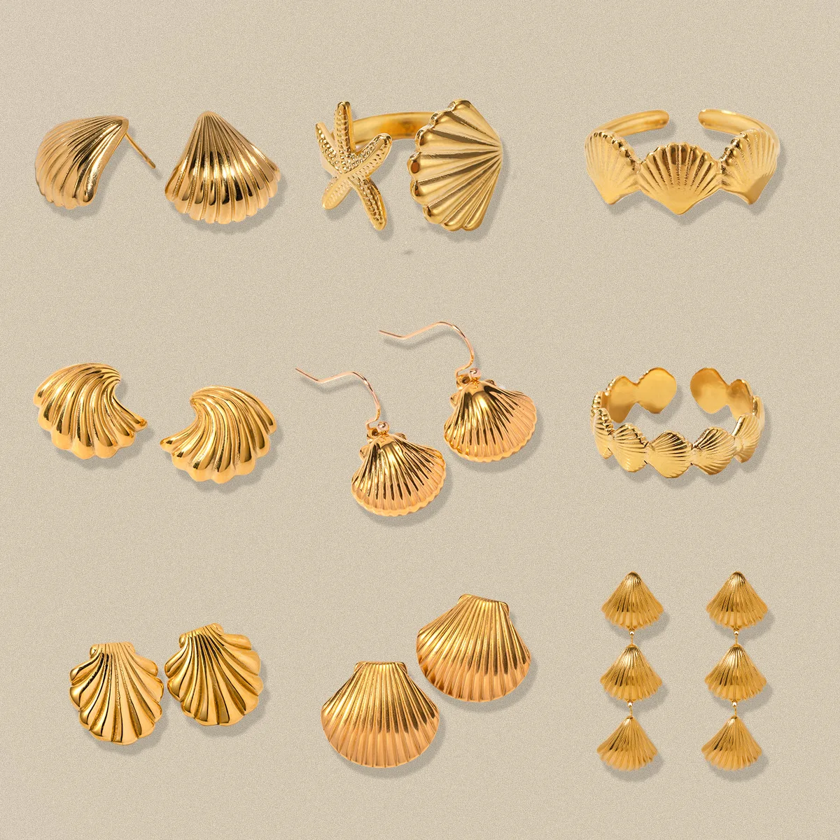 Summer New Ocean Series 18K PVD Plated Earrings Beach Wind Shell Stainless Steel Stud Earrings