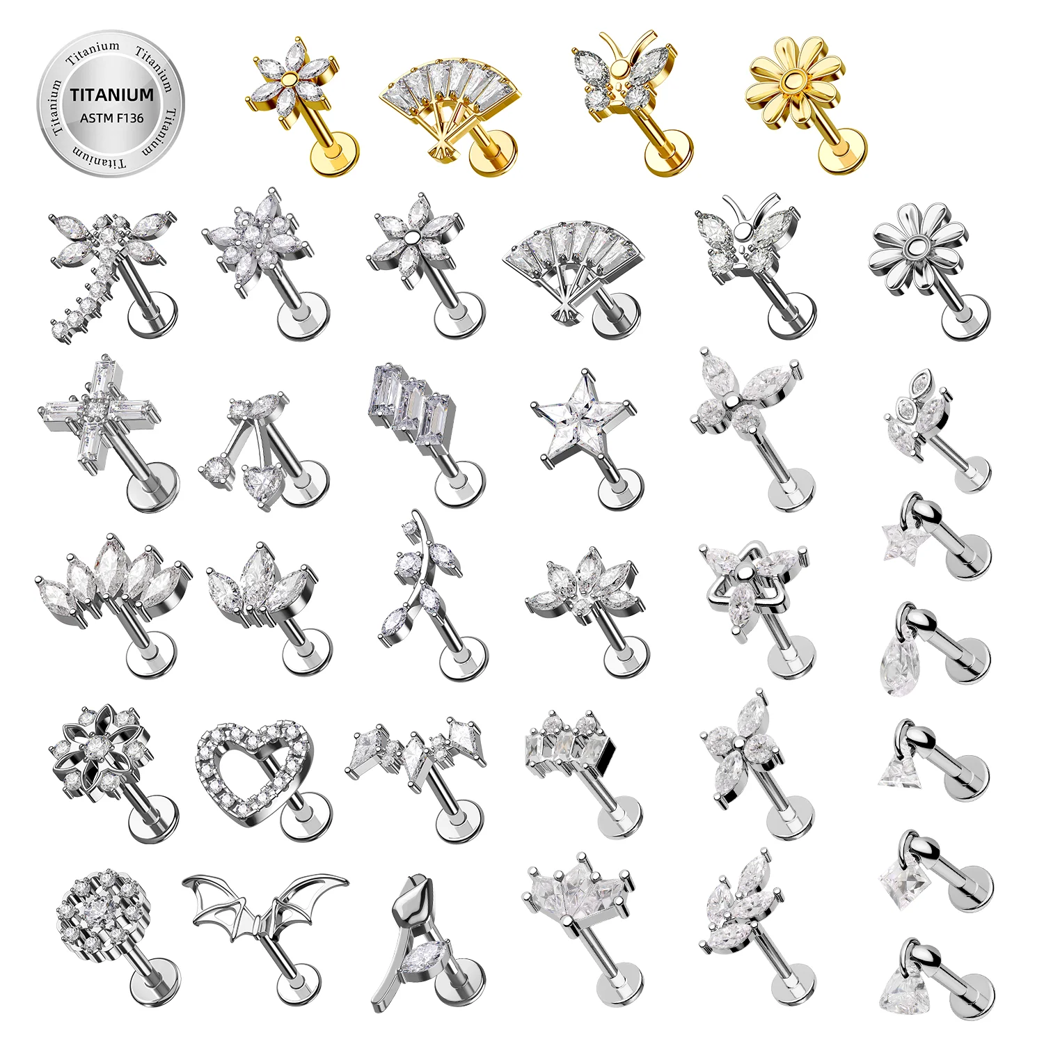 100 Sku Factory Price Stainless Steel Titanium Hypoallergenic Ear Stud with Zircon Conch Lobe Labret F136 Titanium Piercing