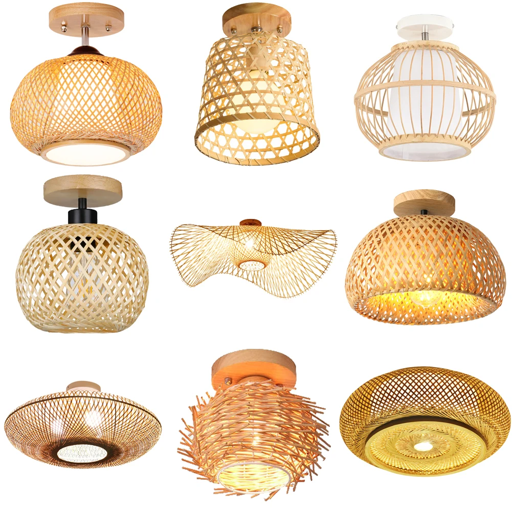 BLUEKING Natural wicker Bamboo Ceiling Light Fixture Lampshade hand made 220V modern ceiling hanging  chandelier pendant lamp