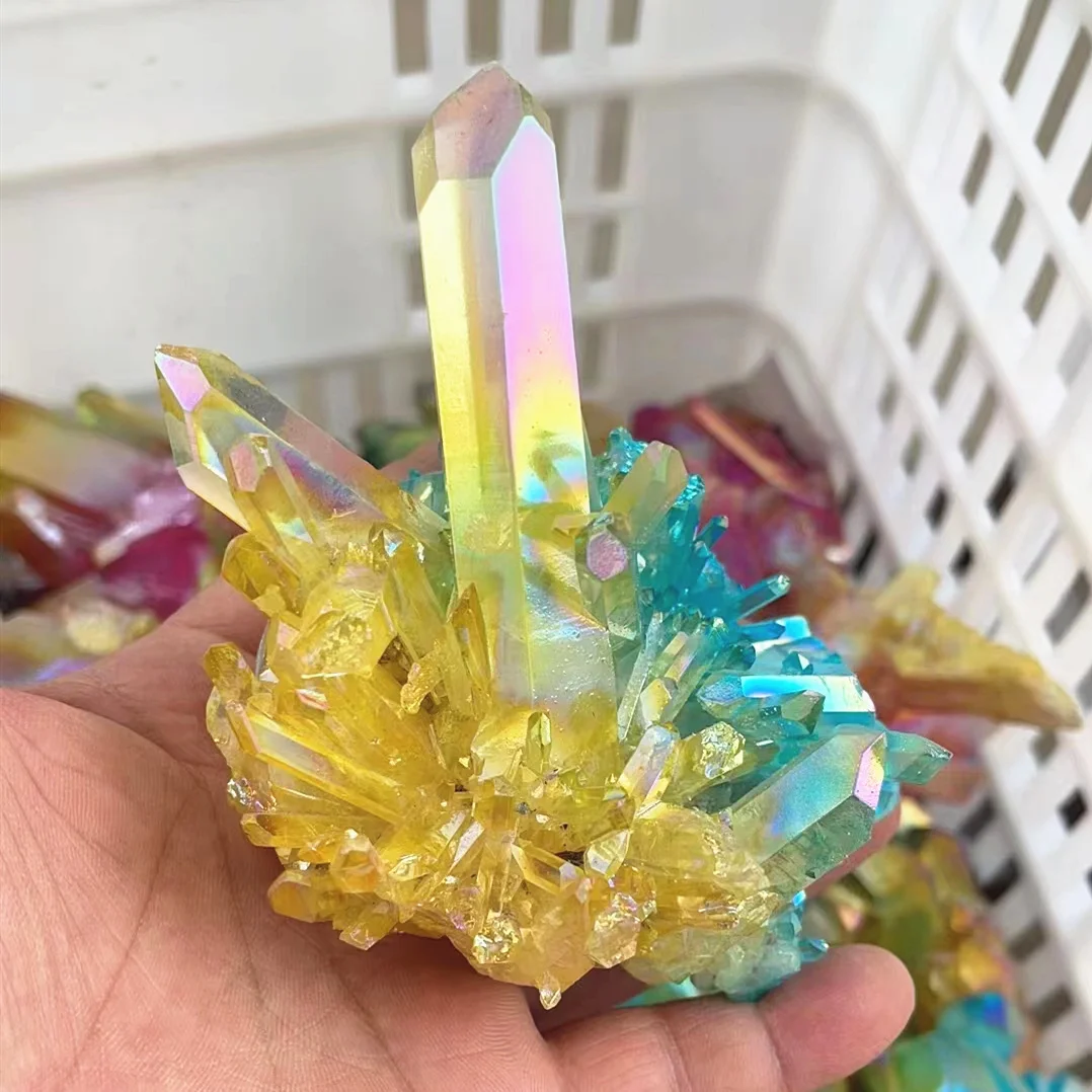 Natural Rock Rainbow Clear Quartz Cluster Iridescent Electroplating Double color crystal Aura Crystal Cluster