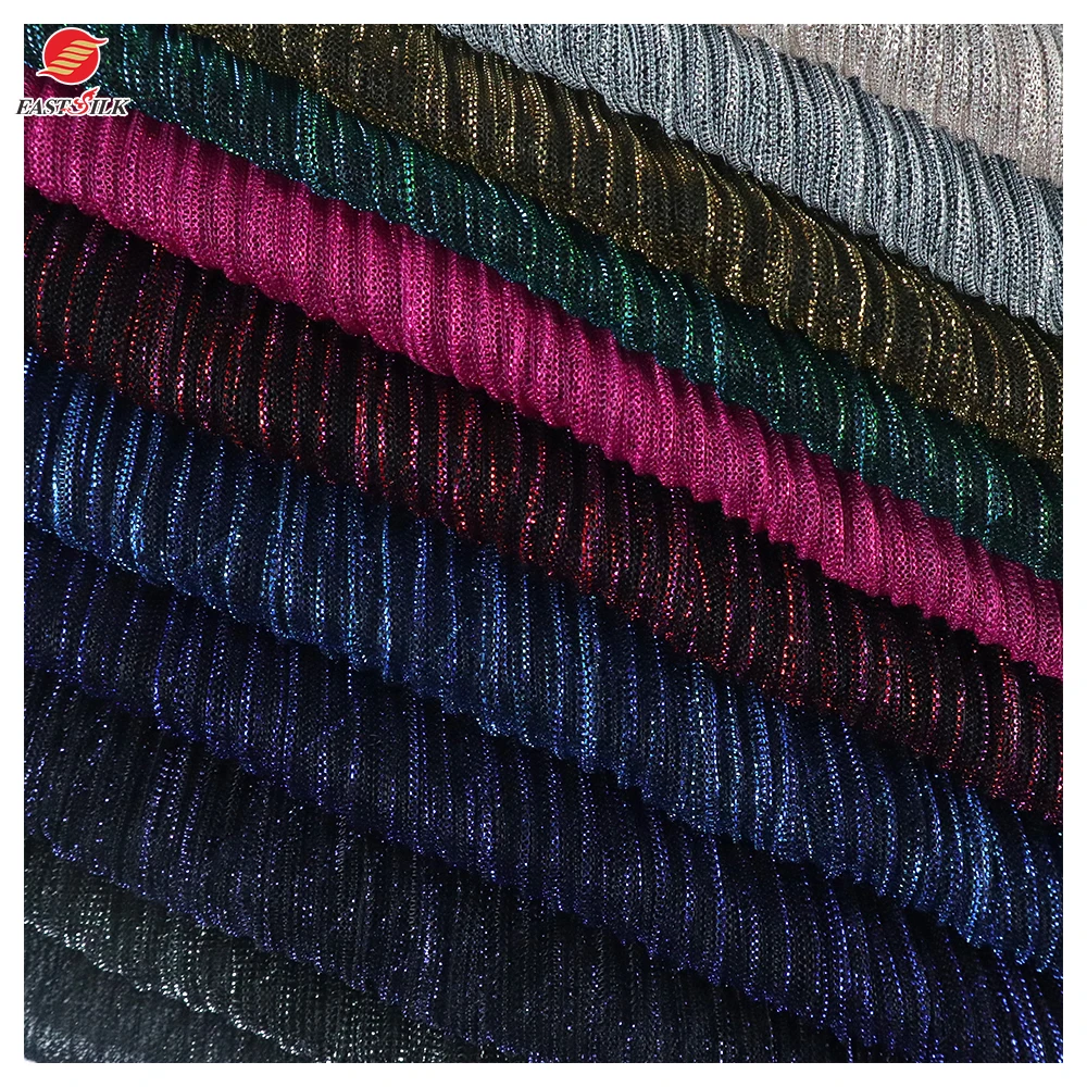 Good price comfortable pleated 100% polyester glitter crushed crinkled pleated fabrics for dresses