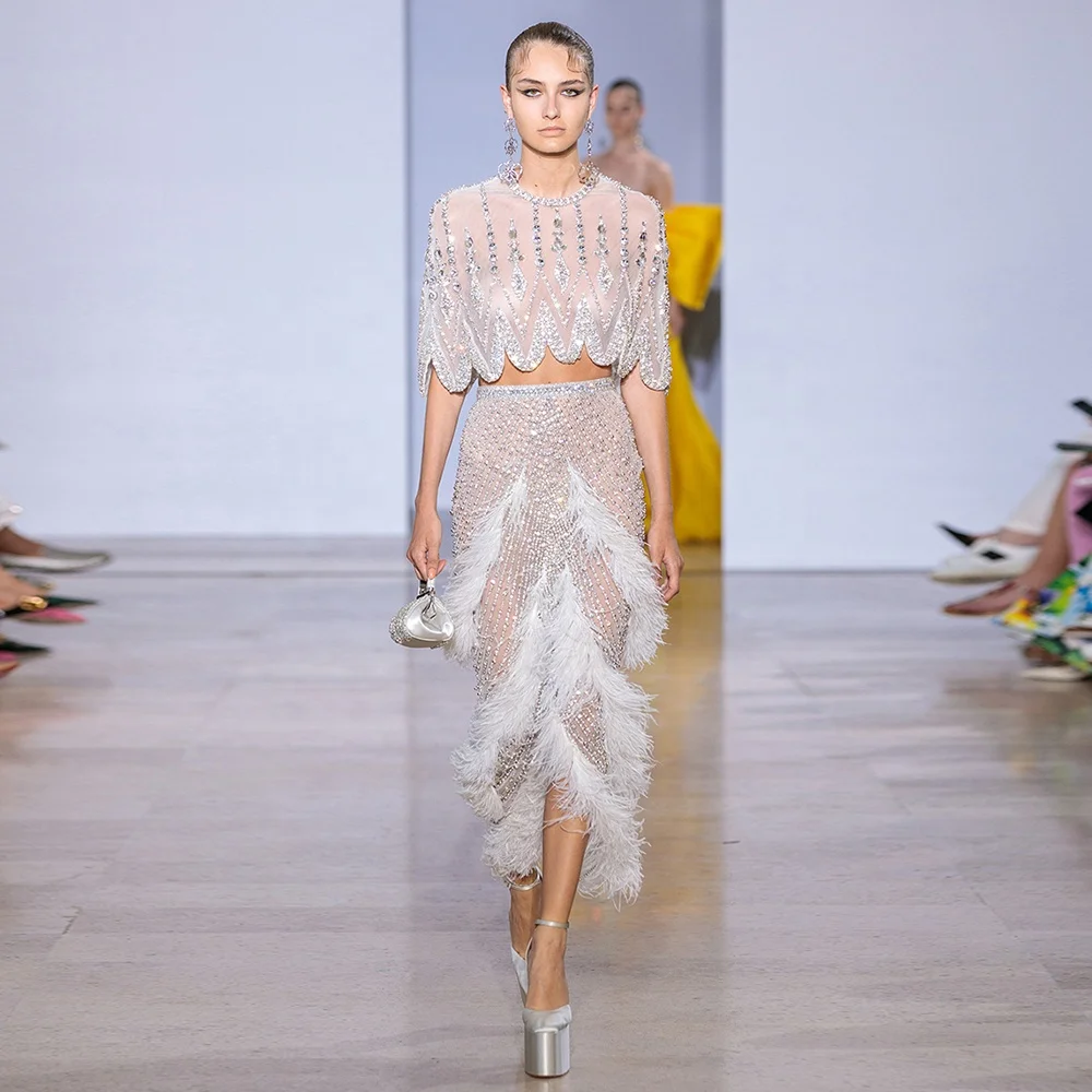 Jancember SCZ057 Feather Two Pieces Midi Short Evening Prom Party Gowns Dresses