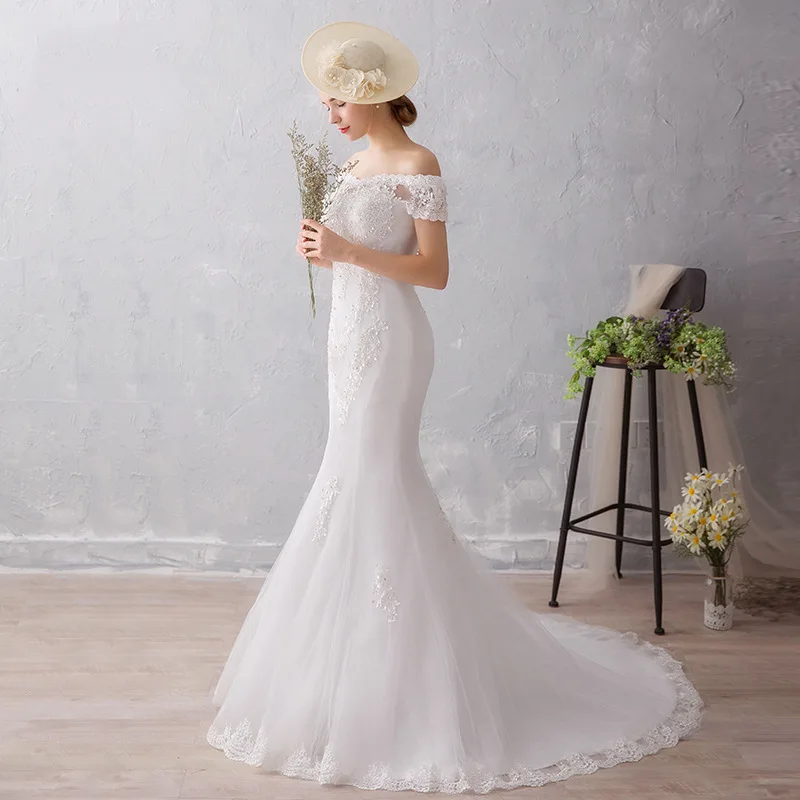 Wholesale Cheap Off-Shoulder Ivory Lace Trumpet Wedding Dresses