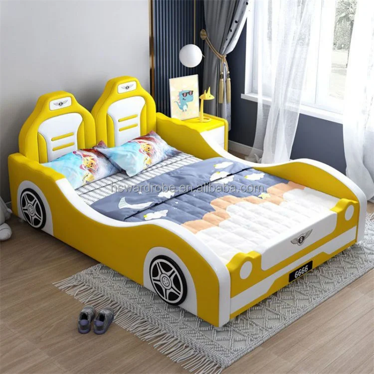 Factory wholesale double creative kids car bed boy cartoon leather single bed Children Bed Car For Kids  Bedroom