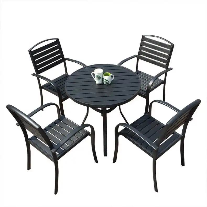 Leisure outdoor furniture set courtyard cafe cake shop green outdoor dining waterproof plastic wood table chair set