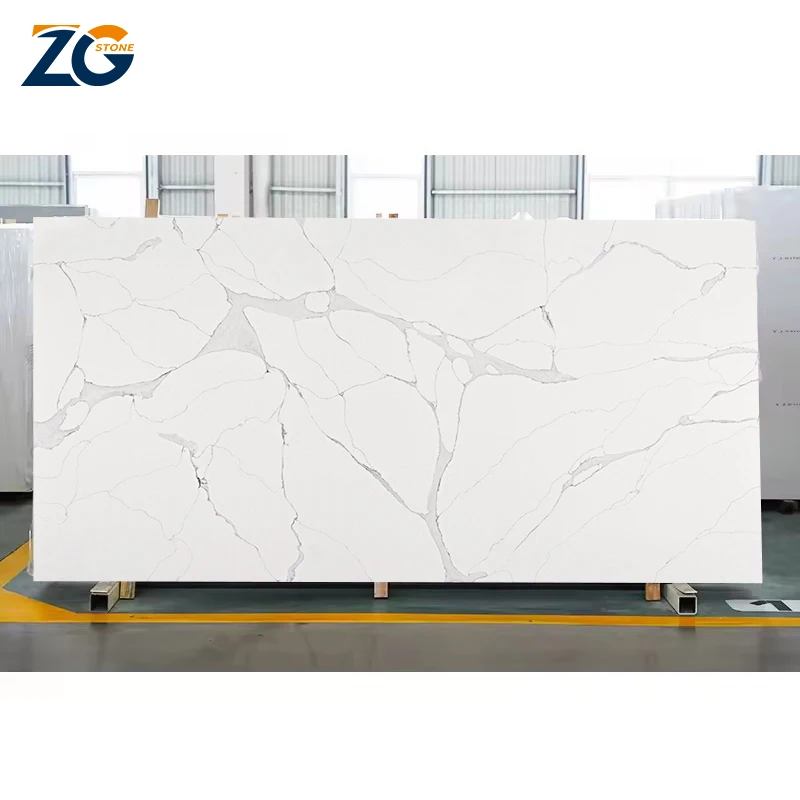 ZGSTONE Chinese Jumbo Size Large White Calacatta Polished Artificial Quartz Stone Slabs Kitchen Countertop Marble Plate