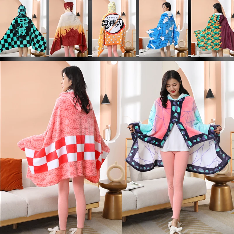 Anime Blanket Cloak Demon Slayer Adult Hoodie Bathrobe Nezuko Kamado Cosplay Costume Winter Flannel Warm Shawl