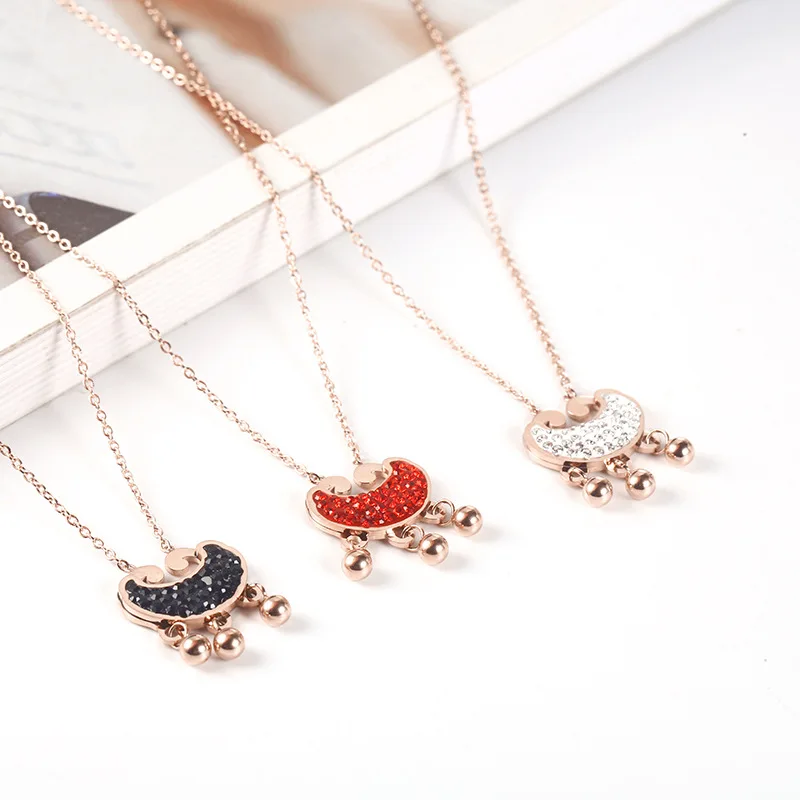 Women Fashion Jewelry Stainless Steel Rose Gold Dense Stones Meniscus Tassels Necklace
