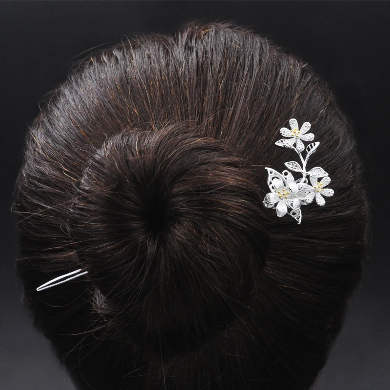 Handmade 925 Sterling Silver Lotus Flower Hair Sticks Two Tones Hairpins Long Hair Jewelry For Women Girls Accessories