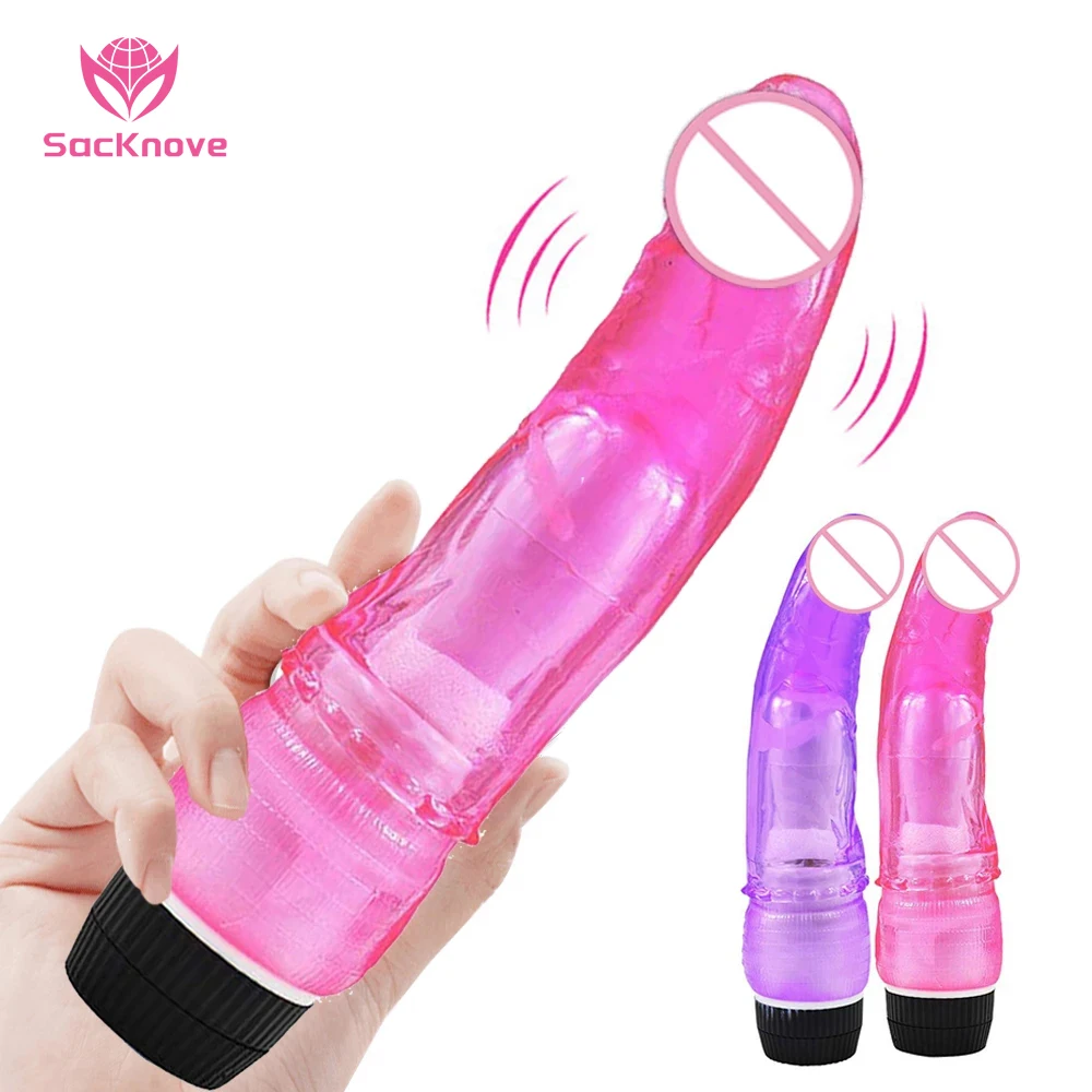 SacKnove Battery Type Vibrating Tpe Crystal Vagina Realistic Penis Wand Massager G Spot Adult Dildo Vibrator For Women