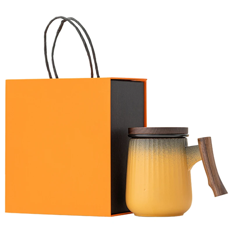 Wholesale customize logo wood handle coffee tea mug ceramic mug with lid Gradient color water cup with wooden handle