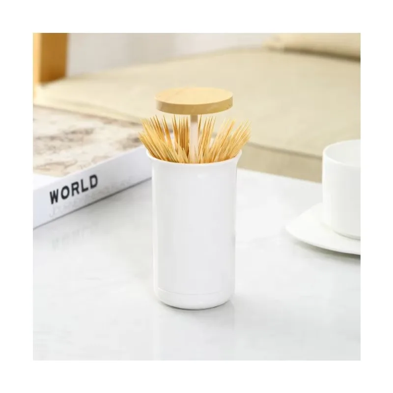 Household Canteen Cylinder Mini Toothpick Holder Dispenser Plastic Press Smart Toothpicks Holder with Bamboo Cover