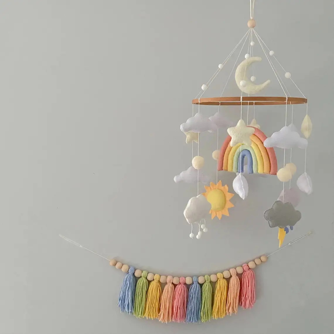 bedroom organic wooden round circle weather rainbow sun star rain cloud custom wool felt balls holz diy baby crib mobile