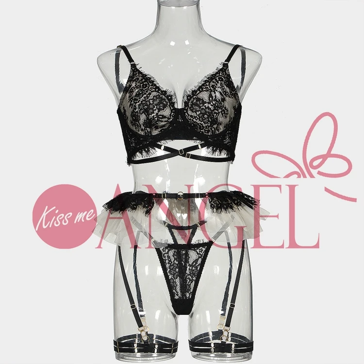 women sexy bra and panty set KISS ME ANGEL OEM lace perspective deep V neck sexy suit lace pleated skirt garter sexy lingerie