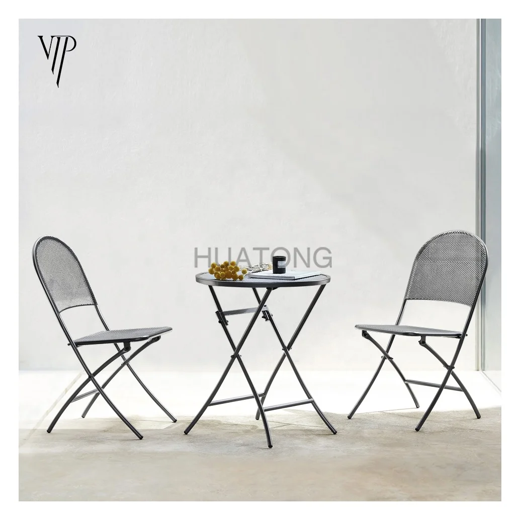 
3 Piece Wholesale Modern Metal mesh Iron Folding Outdoor Chairs Table Garden Furniture Balcony Patio Bistro Set 