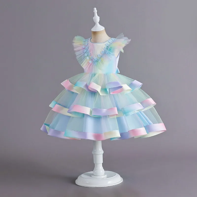 2024 Summer new rainbow sequin decoration sleeveless dress with round neck flying  zipper fluffy party performance evening dress