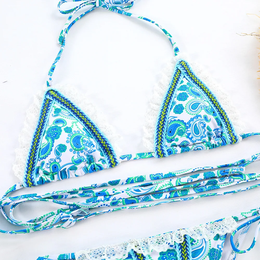 New Design Swimwear Printed Lace Rimmed Two Pieces Bikini Set Tie Side Sexy Brazilian Thong Swimsuit