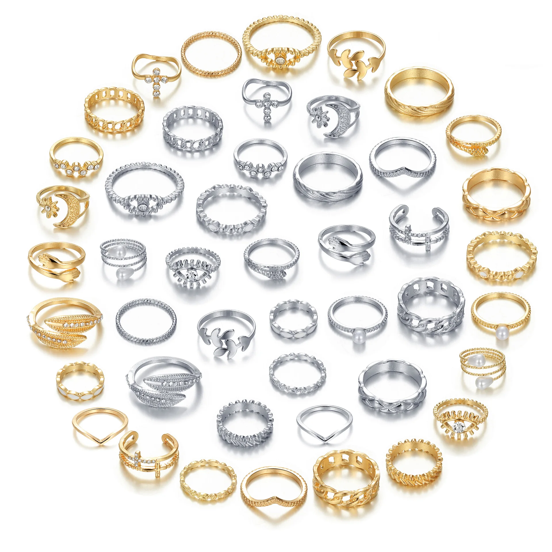 Hot diamond eye cross leaf ring multi-articular 23-piece pearl sun and moon ring