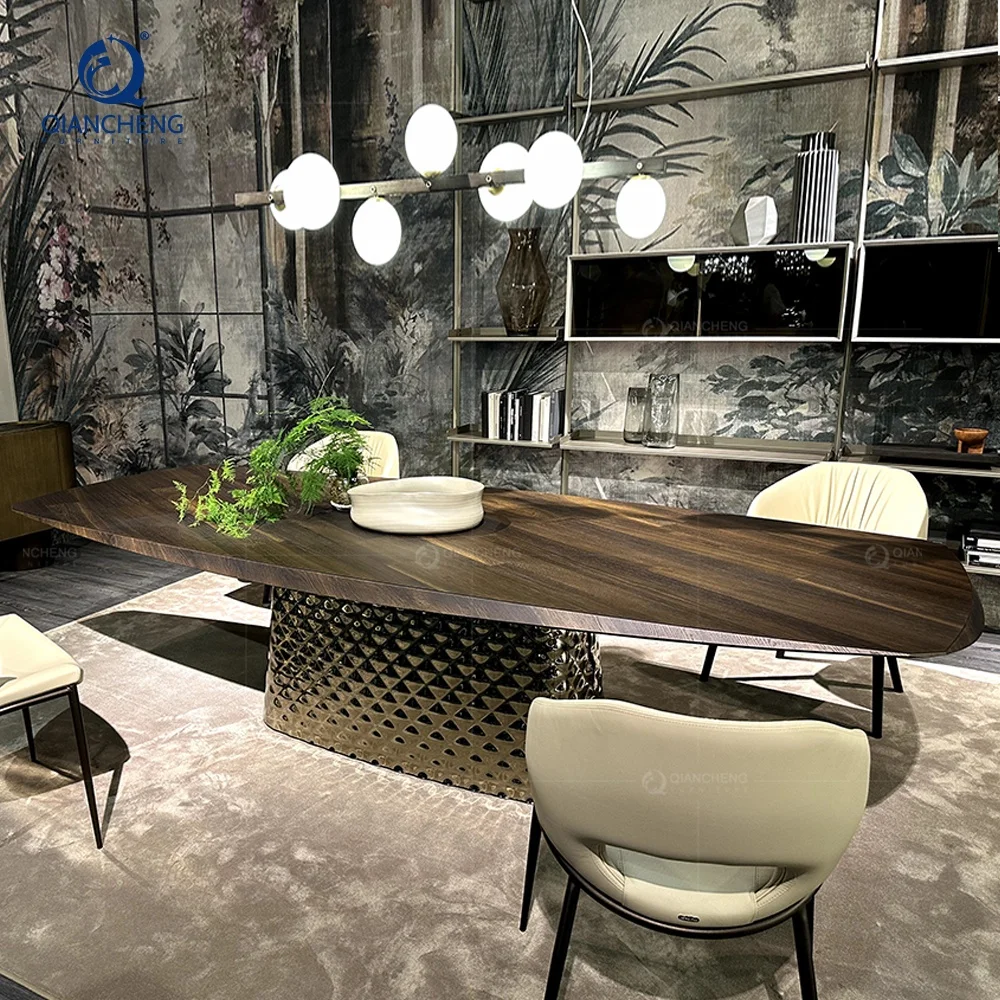 QIANCHENG new materials customize mirror furniture 4 6 8 12 chairs hotel apartment esstisch wood centre dining kitchen table set