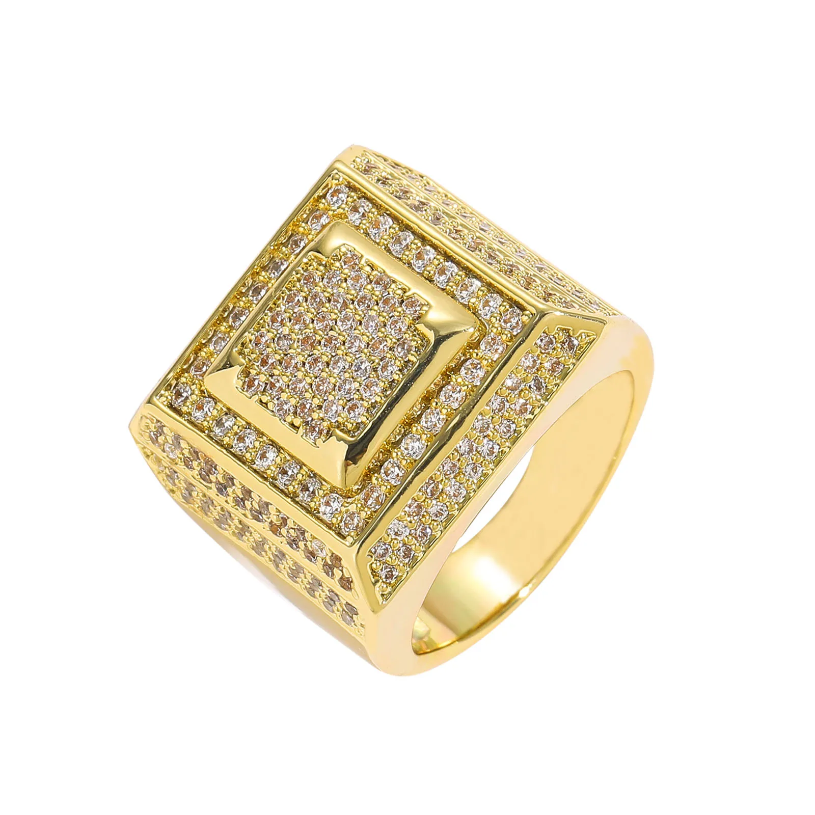 Fashion Square Round CZ Stones Ring Gold Copper Jewelry Unisex Hiphop Square Shape Charm Ring