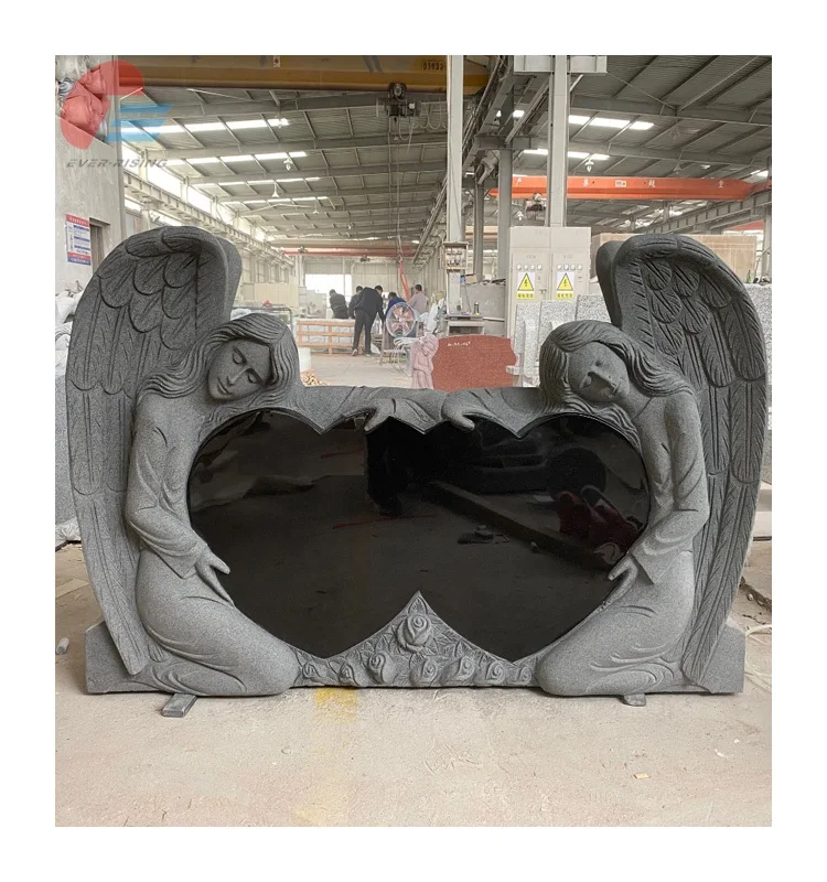 India Black Granite double heart shape Headstone with double angel carving
