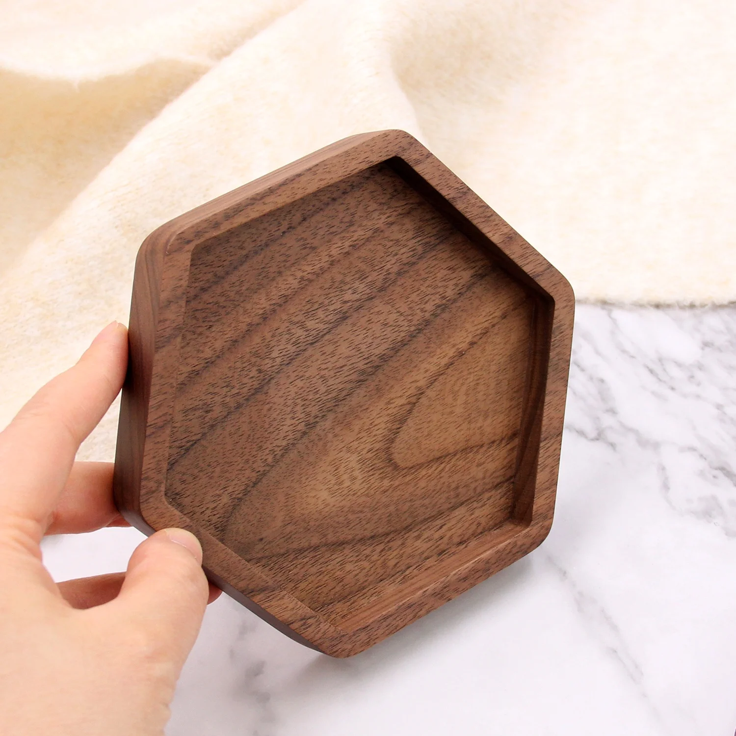 Hexagon Walnut Wood Tray Key or Ring Dish Gift to Her