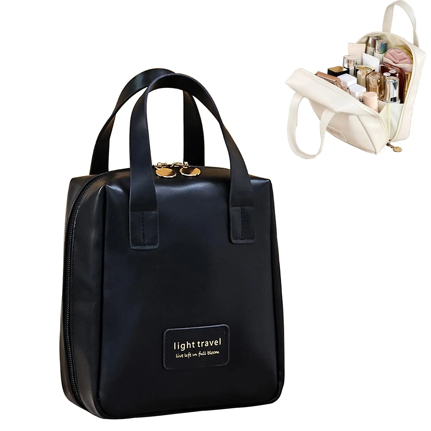 New Style Premium Large Capacity Travel Portable PU Leather Waterproof Storage Toiletry Bag with Dividers and Handles