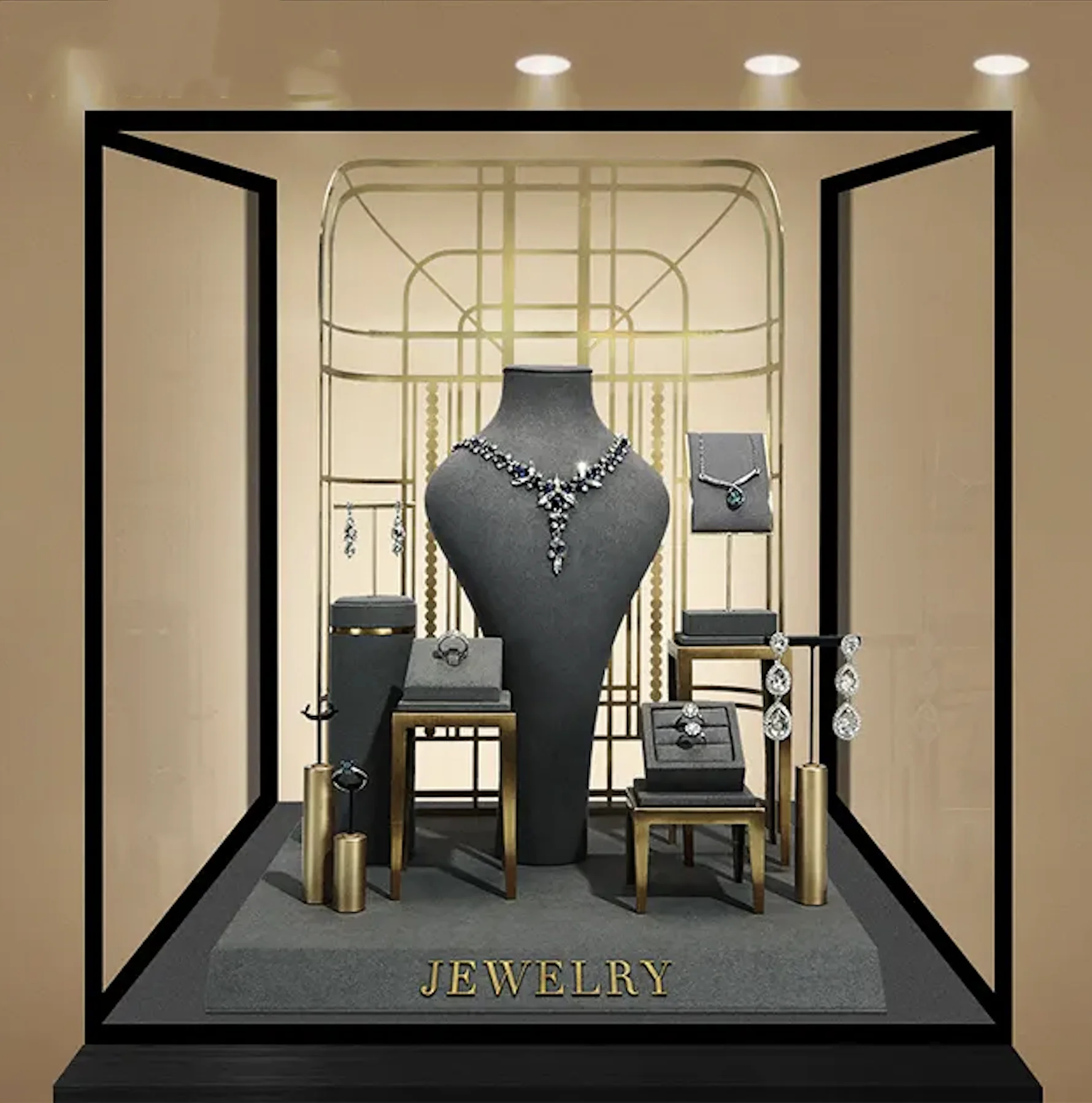 VANLOCY Modern Grey Microfiber PU Jewelry Display Stand Set Includes Earring Ring and Necklace Window Props ODM Supply Type