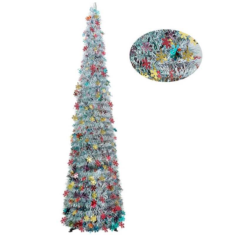 5ft Fake Reusable Folding Christmas Tinsel Tree with Easy-Assembly Stand Coastal Glittery Snowflake for Xmas Party Display Decor