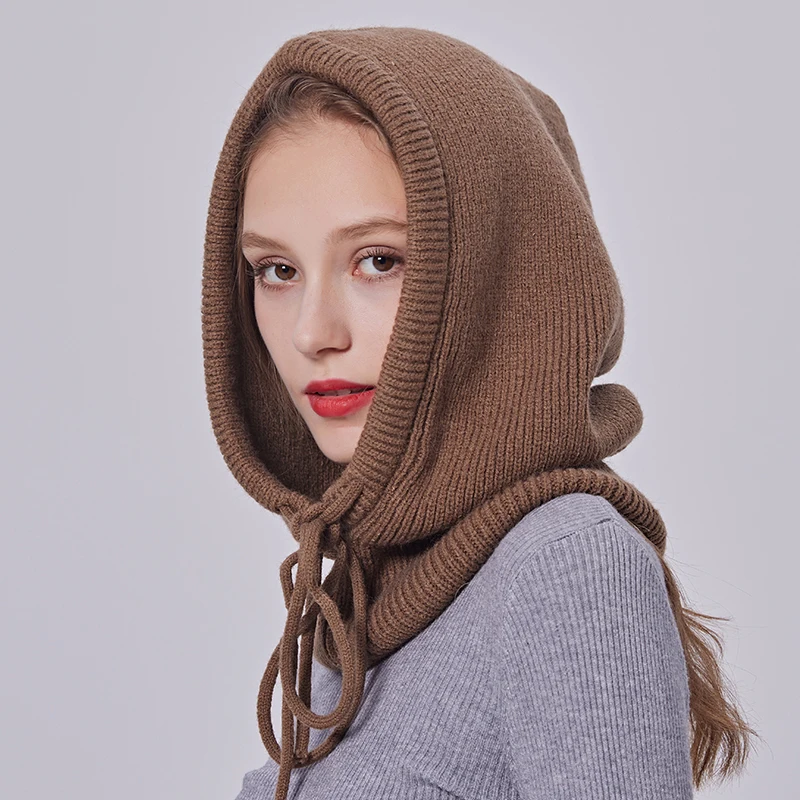 Winter Wool Knitted Hooded Acrylic Beanie Hat for Women Head Ear Warmer Solid Color Adjustable Scarf Hat with Rope