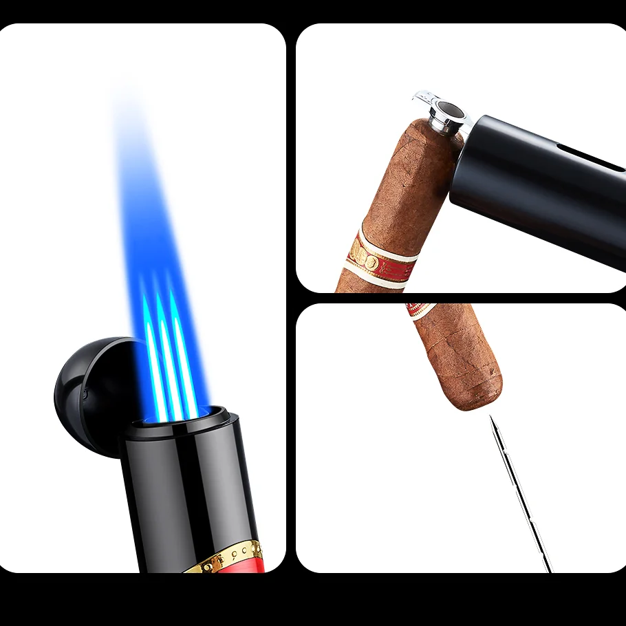 DEBANG 3 in 1 Butane Lighter with Cigar Punch, Cigar Draw Enhancer, Triple windproof flame for Candles and Cigars