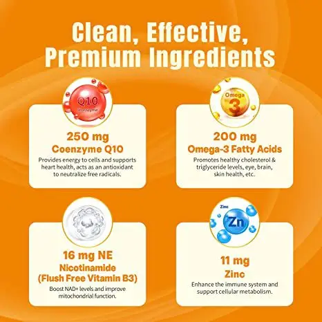 Orange Flavor COQ10 Gummies With Omega 3 Vitamin B3 Zinc Antioxidant Candy Nutritional Supplement For Cellular Energy