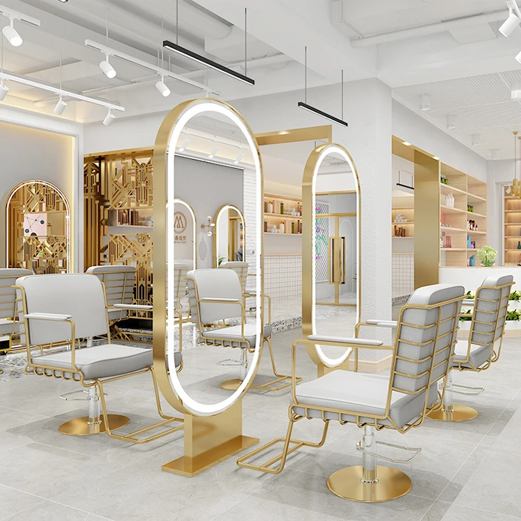 Gold Frame Salon Hairdressing Furniture Led Lamp Single Double Side Mirror Standing Wall Mounted Salon Furniture