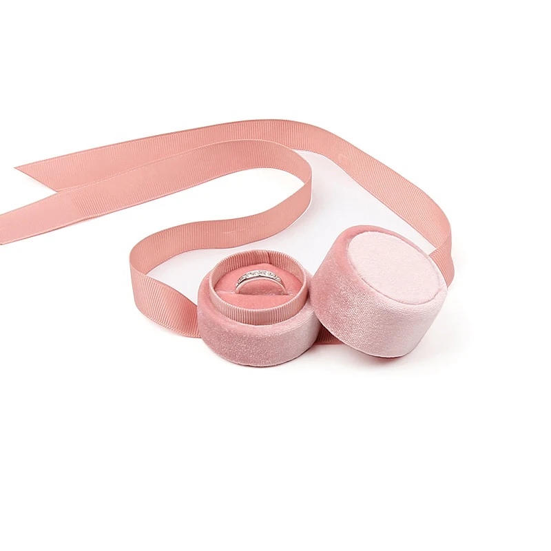 2021 high quality round portable pastel pink jewelry case velvet women jewelry jewellery packaging gift ring pendant ribbon box