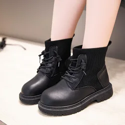 2021 New Fashion Trend Leather Girls Boots Lace-up Ankle Sock Autumn And Spring